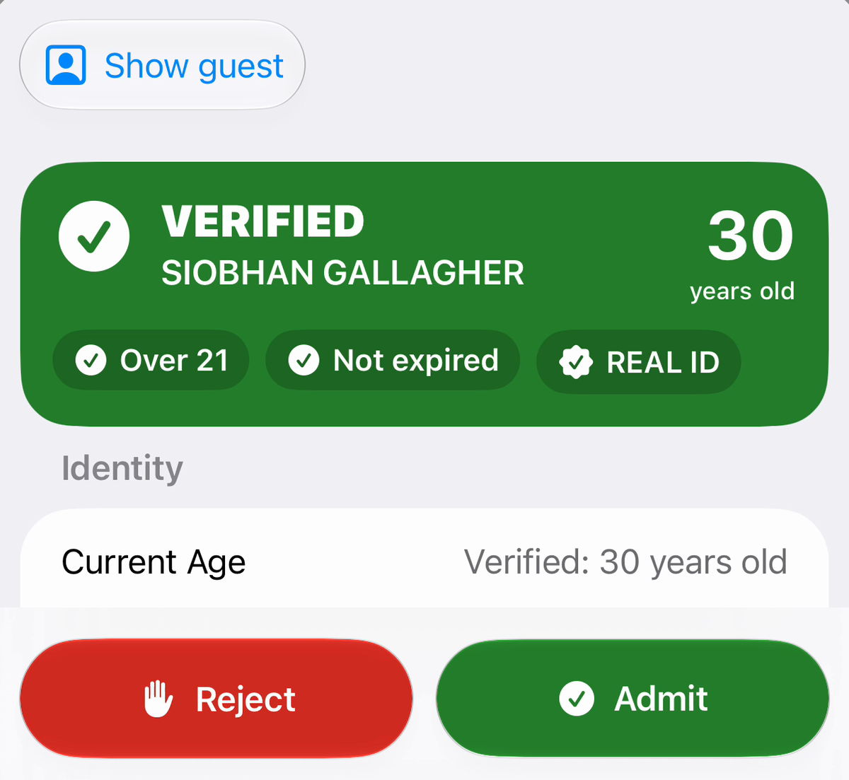 Check ID’s verdict: Verified, 30 years old, over 21, not expired, with buttons to reject or admit.