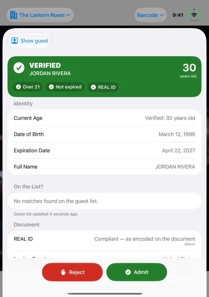 Check ID on iPhone Duo’s inner display, showing the verdict: Verified, 30 years old, over 21, not expired.